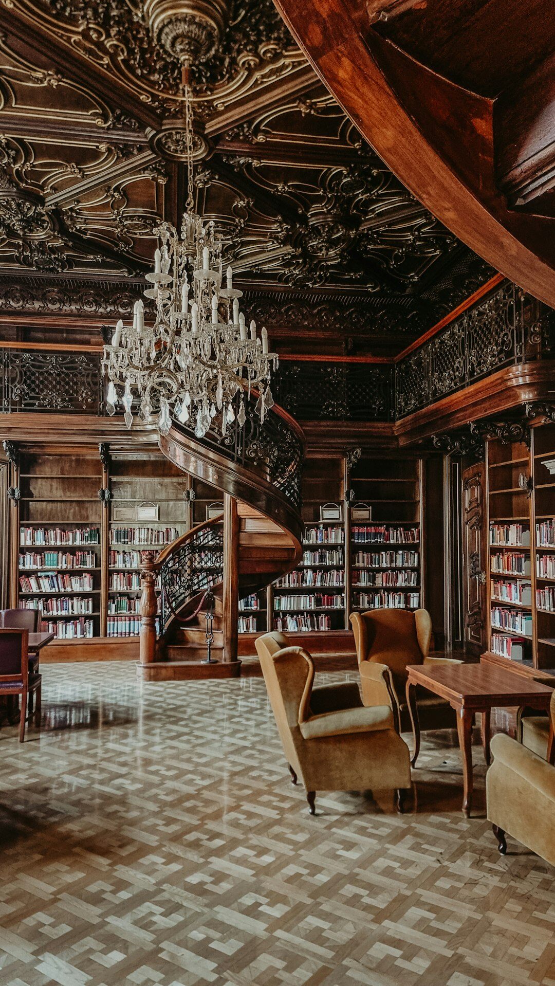 Cozy old library with wooden shelves full of books